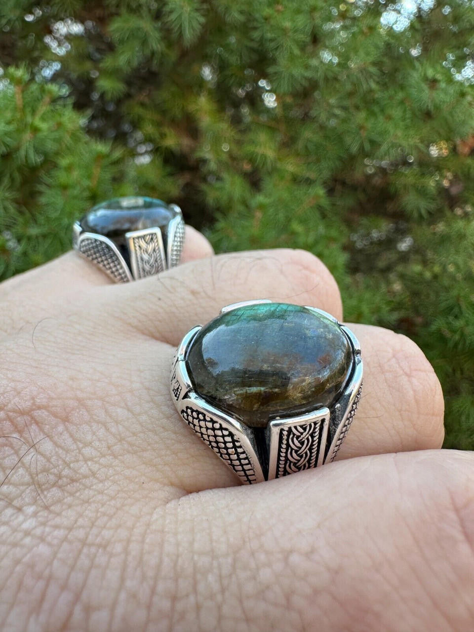 HarlemBling Mens Real Solid 925 Sterling Silver Labradorite Natural Gemstone Ring Sizes 6-13