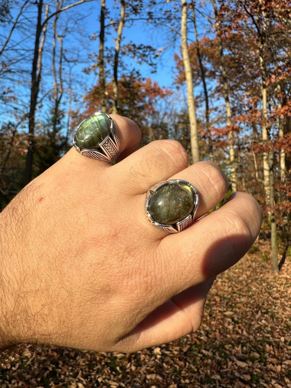 HarlemBling Mens Real Solid 925 Sterling Silver Labradorite Natural Gemstone Ring Sizes 6-13