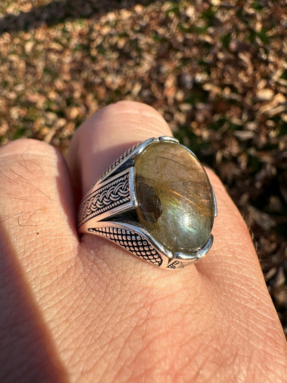 HarlemBling Mens Real Solid 925 Sterling Silver Labradorite Natural Gemstone Ring Sizes 6-13