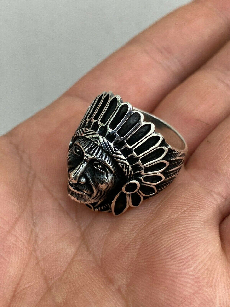 Mens Real Solid 925 Sterling Silver Large Indian Head Chief Biker