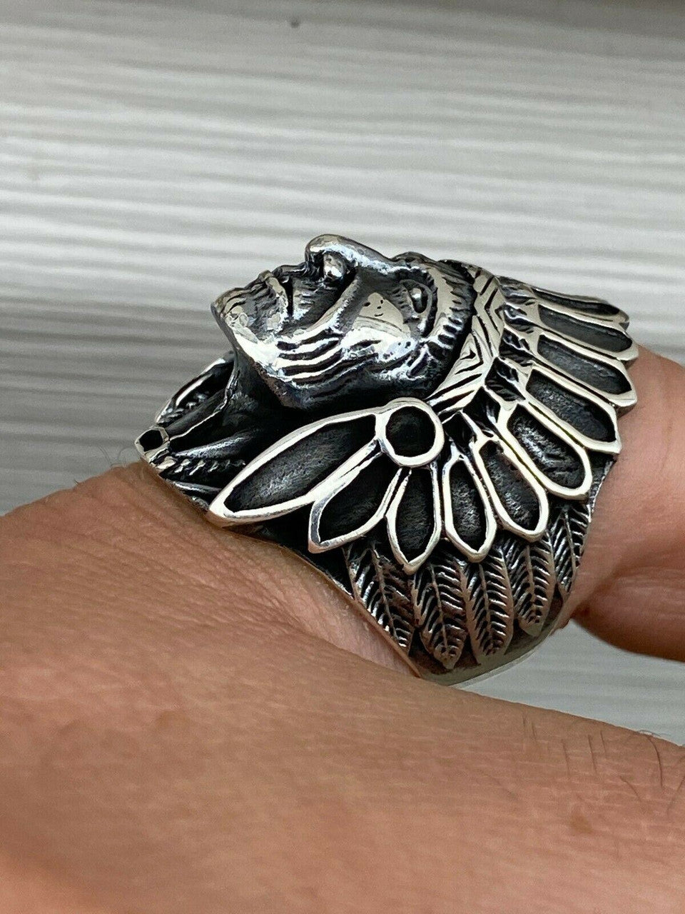 Mens Real Solid 925 Sterling Silver Large Indian Head Chief Biker