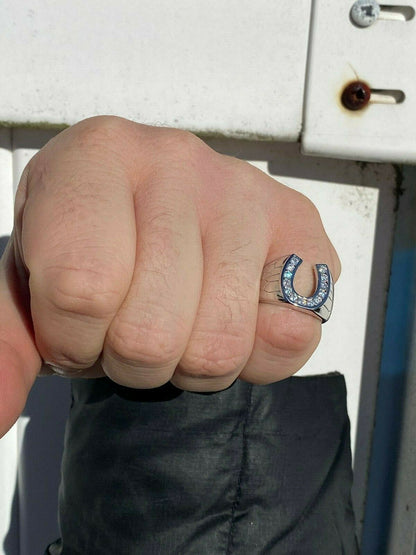 HarlemBling Mens Real Solid 925 Sterling Silver Lucky Horseshoe Ring Iced Sizes 7-13 Pinky