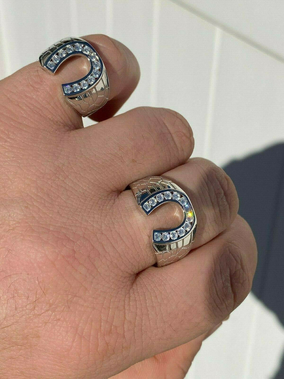 Men's Real Solid 925 Sterling Silver Lucky Horseshoe Ring Iced