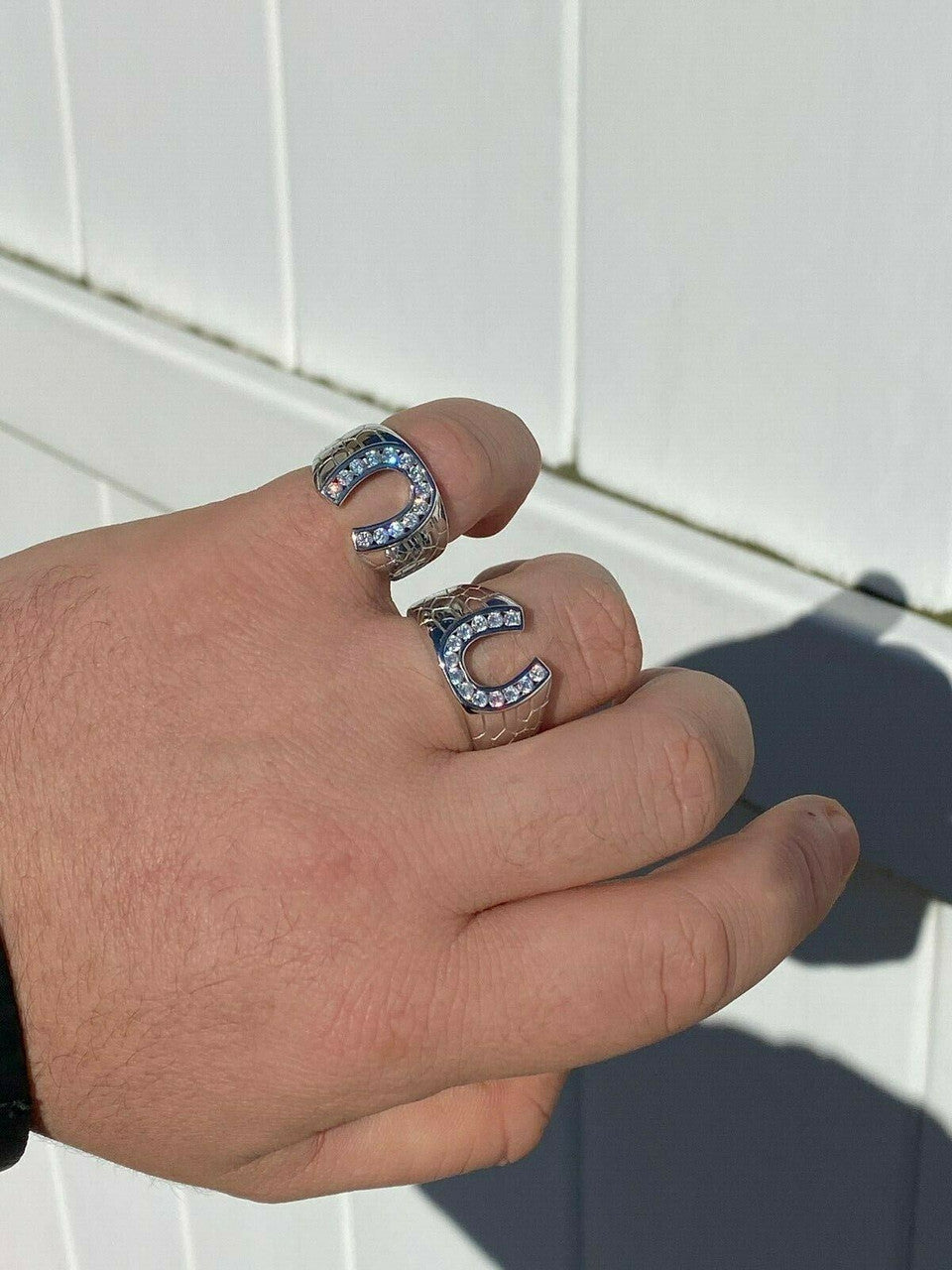 Men's Real Solid 925 Sterling Silver Lucky Horseshoe Ring Iced