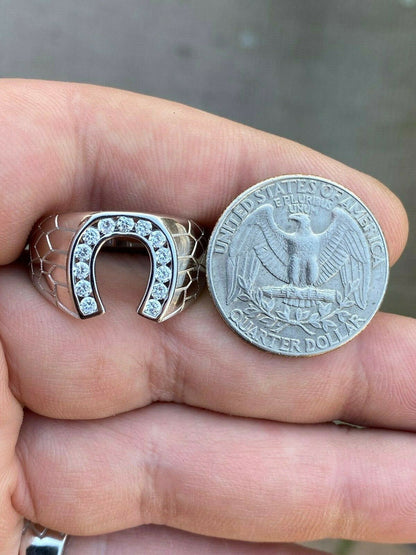 HarlemBling Mens Real Solid 925 Sterling Silver Lucky Horseshoe Ring Iced Sizes 7-13 Pinky