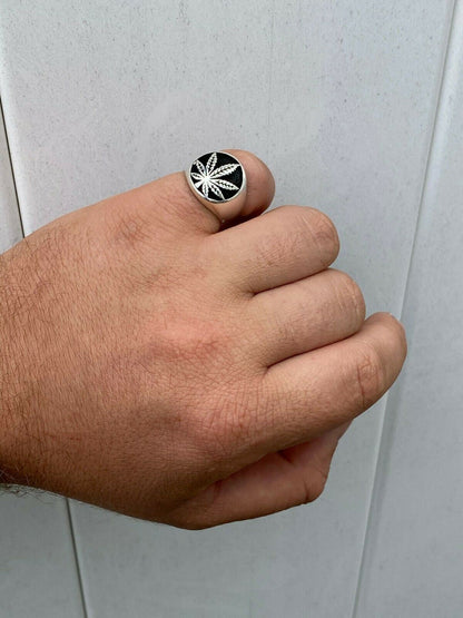 HarlemBling Mens Real Solid 925 Sterling Silver Marijuana Weed 420 Cannabis Ring Sz 7-13