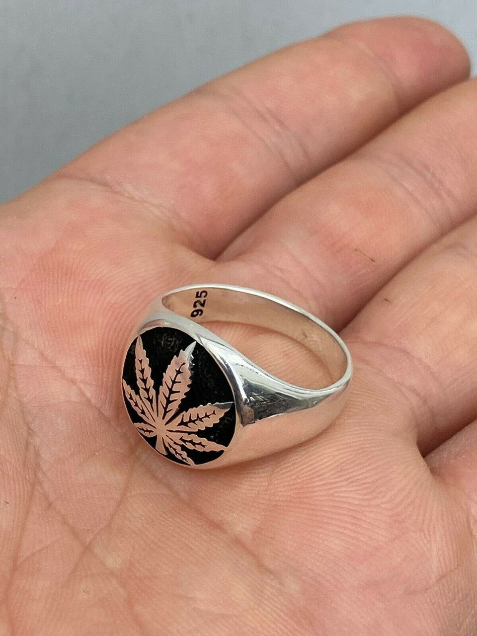 HarlemBling Mens Real Solid 925 Sterling Silver Marijuana Weed 420 Cannabis Ring Sz 7-13