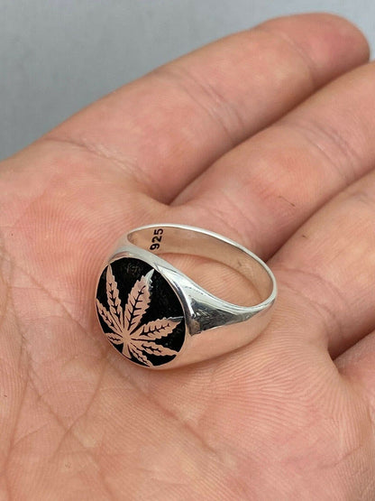 HarlemBling Mens Real Solid 925 Sterling Silver Marijuana Weed 420 Cannabis Ring Sz 7-13