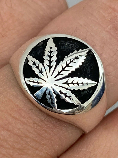 HarlemBling Mens Real Solid 925 Sterling Silver Marijuana Weed 420 Cannabis Ring Sz 7-13