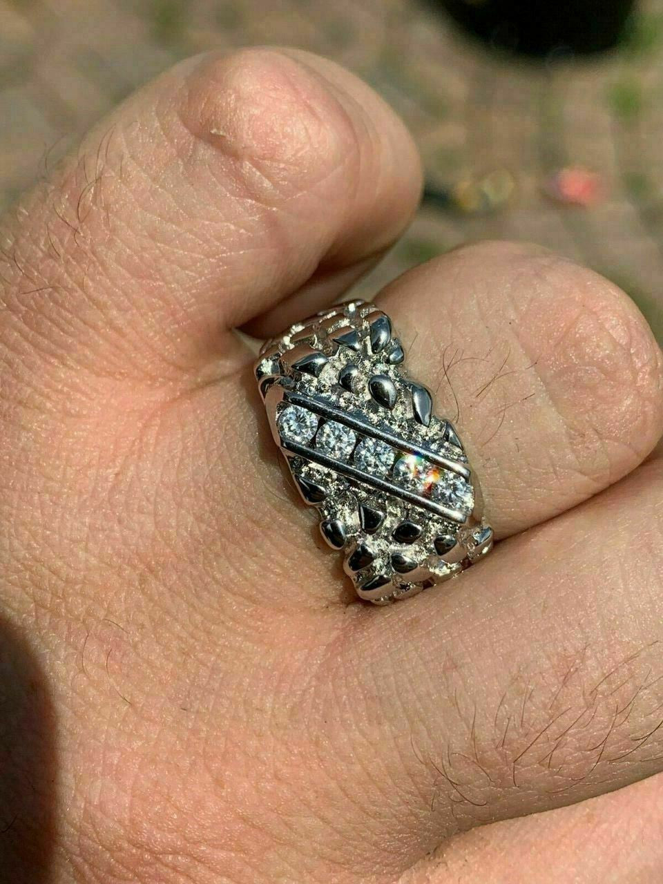 HarlemBling Mens REAL Solid 925 Sterling Silver MOISSANITE Nugget Ring Sz 7-13 Pinky Iced