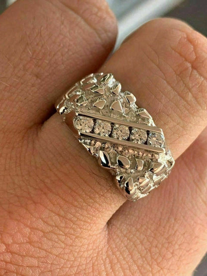 HarlemBling Mens REAL Solid 925 Sterling Silver MOISSANITE Nugget Ring Sz 7-13 Pinky Iced