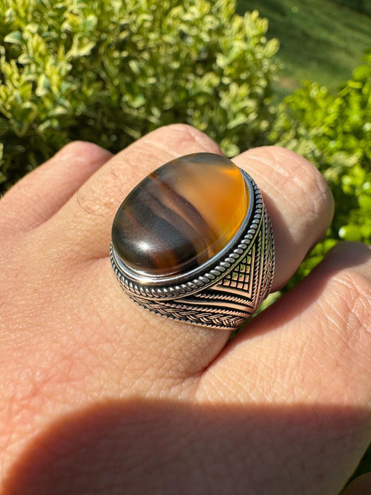 HarlemBling Mens Real Solid 925 Sterling Silver Natural Agate Gemstone Handmade Ring Sz 6-13