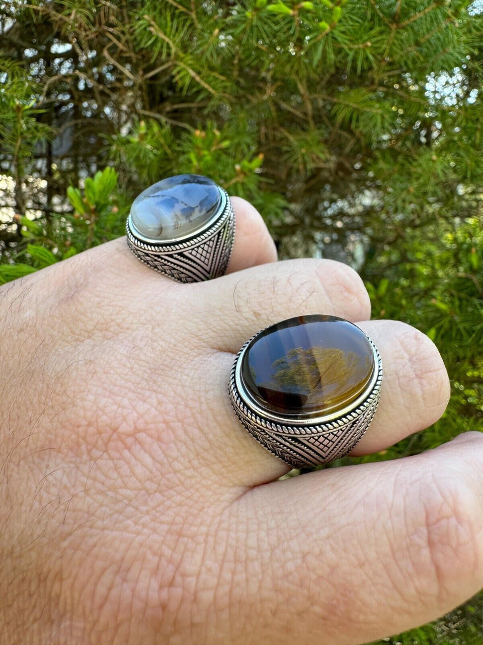 HarlemBling Mens Real Solid 925 Sterling Silver Natural Agate Gemstone Handmade Ring Sz 6-13