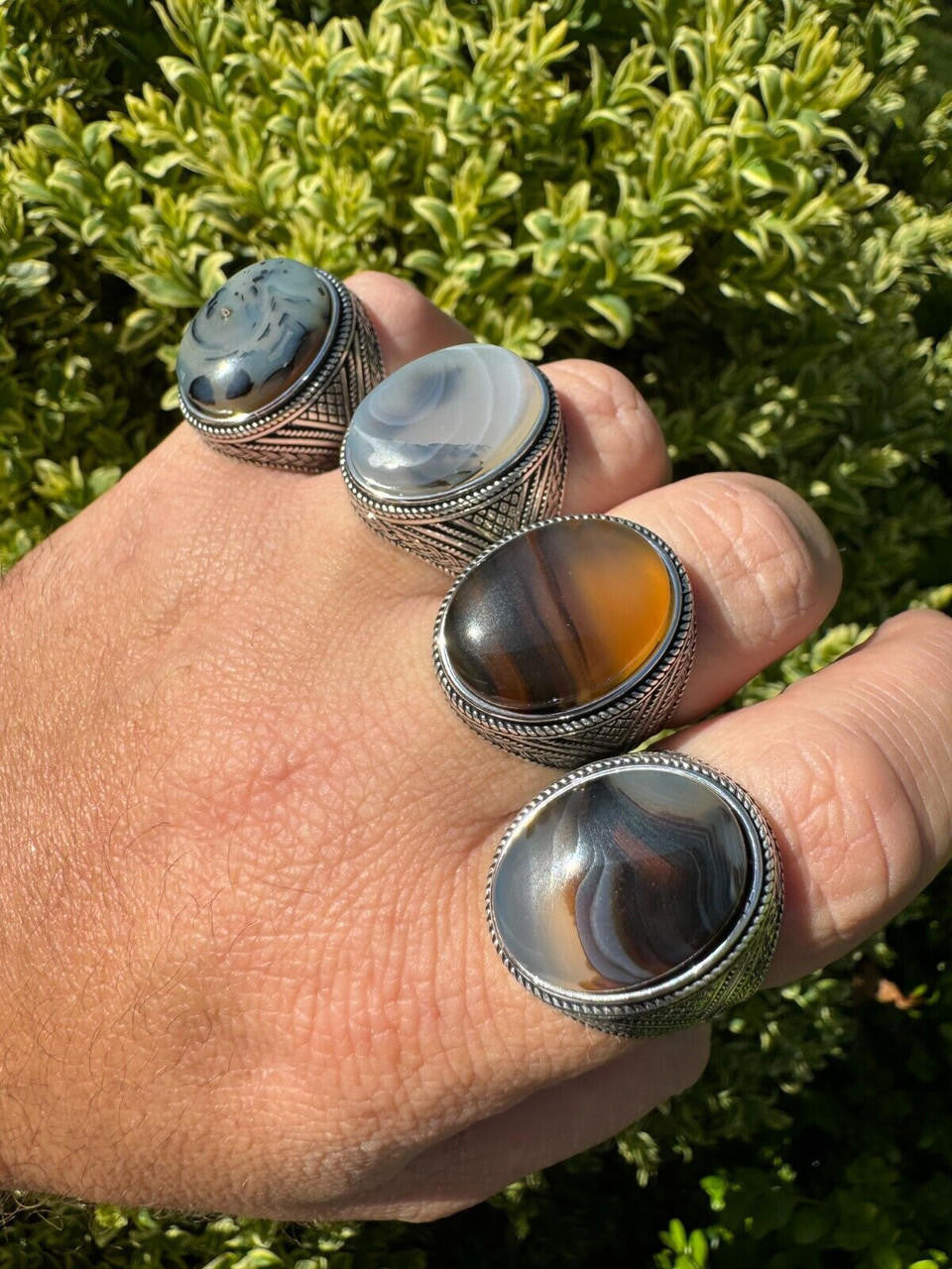 HarlemBling Mens Real Solid 925 Sterling Silver Natural Agate Gemstone Handmade Ring Sz 6-13