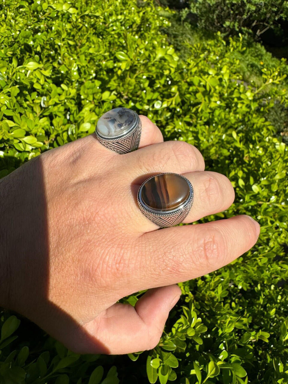 HarlemBling Mens Real Solid 925 Sterling Silver Natural Agate Gemstone Handmade Ring Sz 6-13