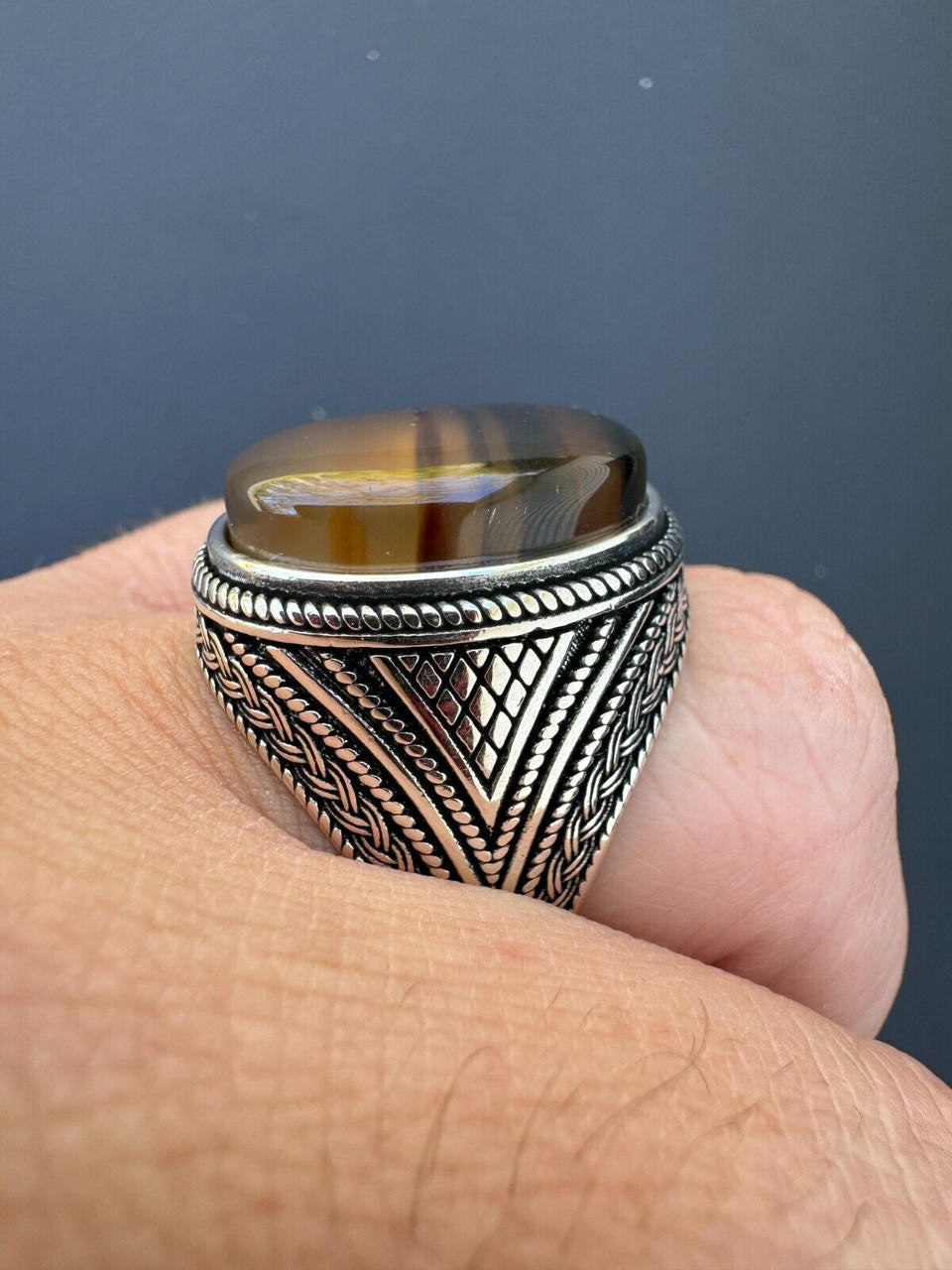 HarlemBling Mens Real Solid 925 Sterling Silver Natural Agate Gemstone Handmade Ring Sz 6-13
