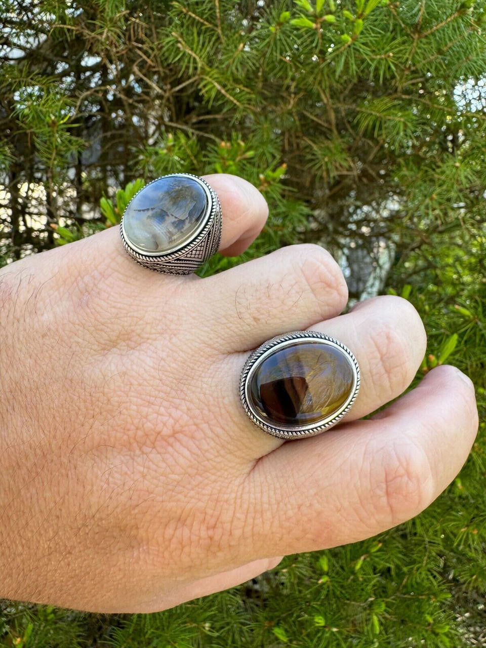 HarlemBling Mens Real Solid 925 Sterling Silver Natural Agate Gemstone Handmade Ring Sz 6-13