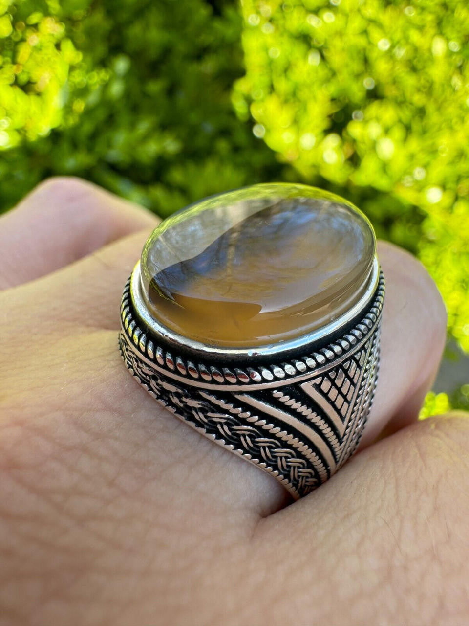 HarlemBling Mens Real Solid 925 Sterling Silver Natural Agate Gemstone Handmade Ring Sz 6-13