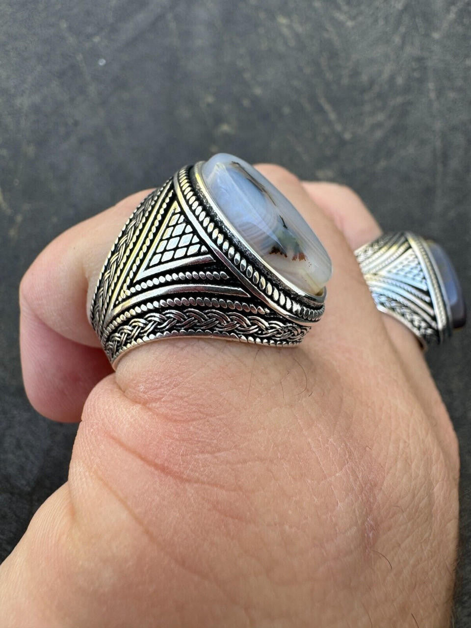 HarlemBling Mens Real Solid 925 Sterling Silver Natural Agate Gemstone Handmade Ring Sz 6-13