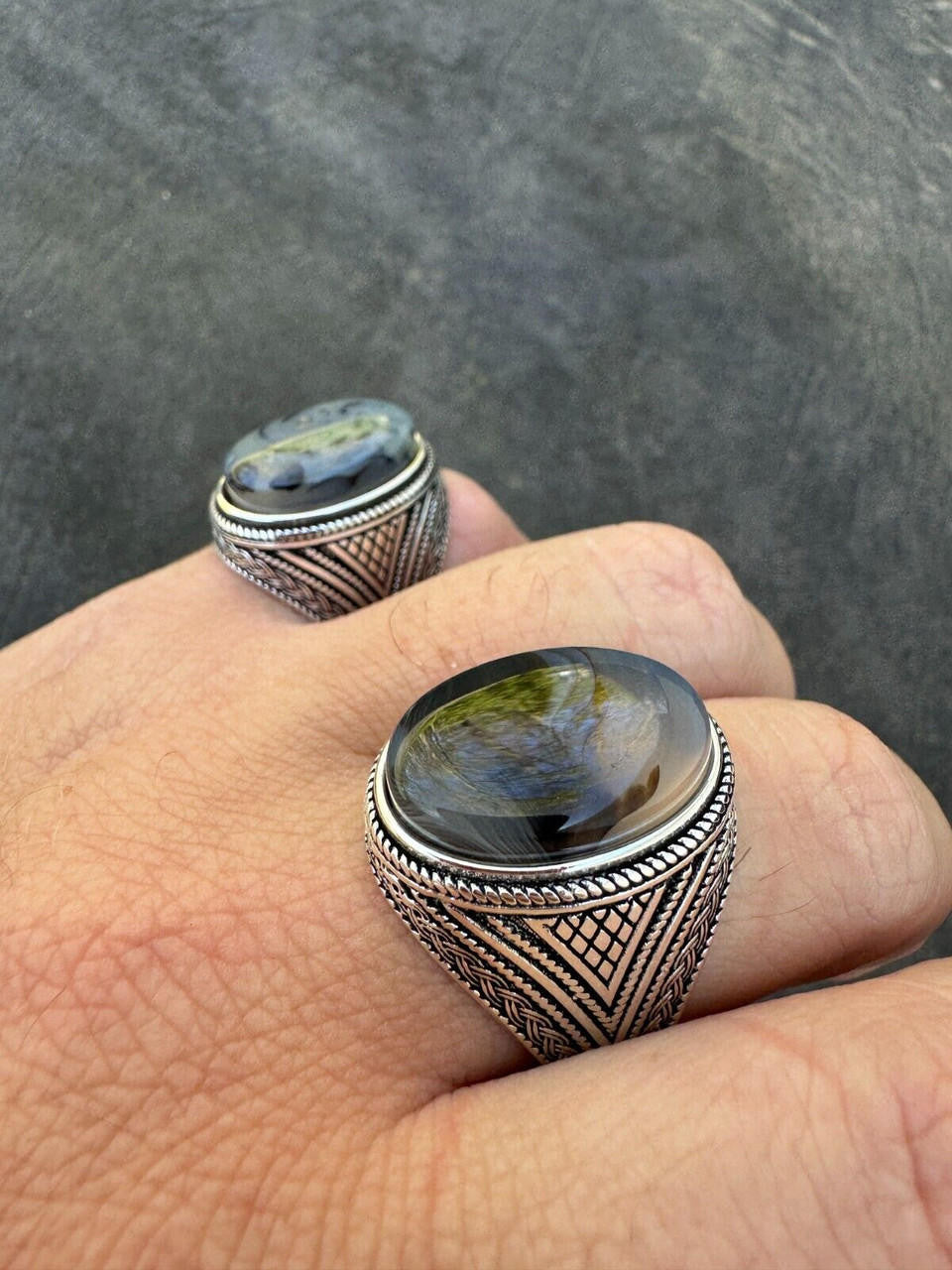 HarlemBling Mens Real Solid 925 Sterling Silver Natural Agate Gemstone Handmade Ring Sz 6-13