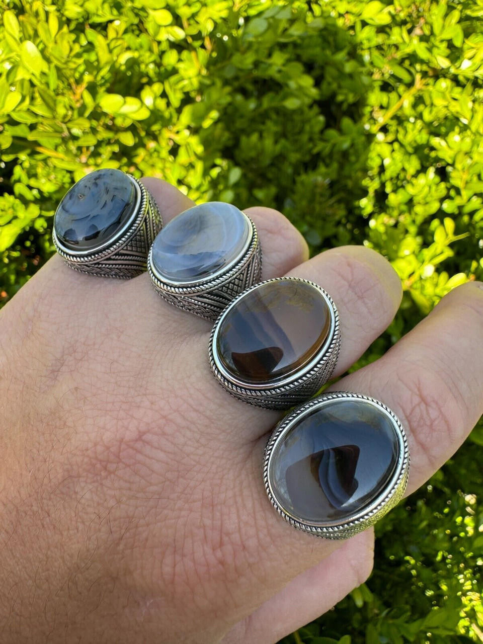 HarlemBling Mens Real Solid 925 Sterling Silver Natural Agate Gemstone Handmade Ring Sz 6-13