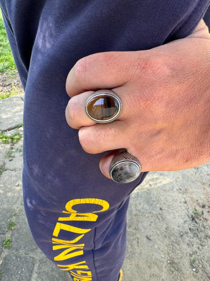 HarlemBling Mens Real Solid 925 Sterling Silver Natural Agate Gemstone Handmade Ring Sz 6-13