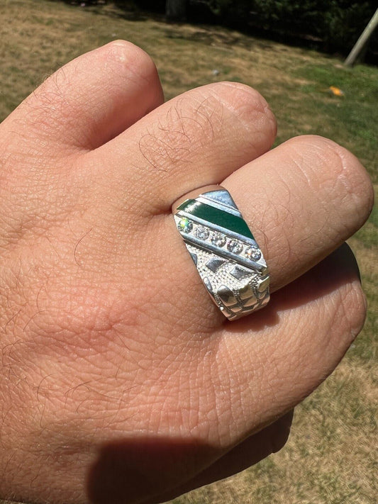 HarlemBling Mens Real Solid 925 Sterling Silver Nugget Green Emerald Iced CZ Ring Hip Hop