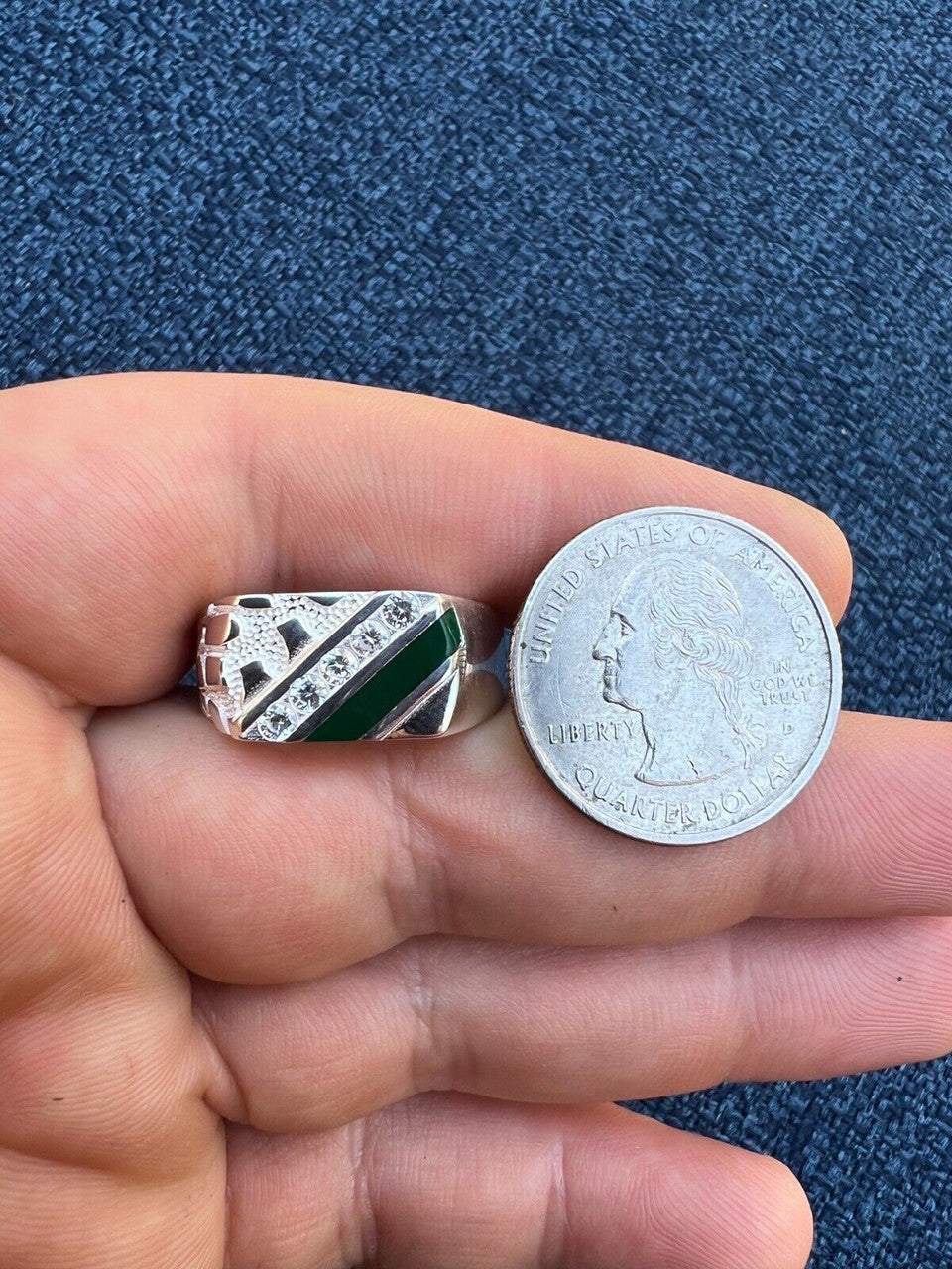 HarlemBling Mens Real Solid 925 Sterling Silver Nugget Green Emerald Iced CZ Ring Hip Hop