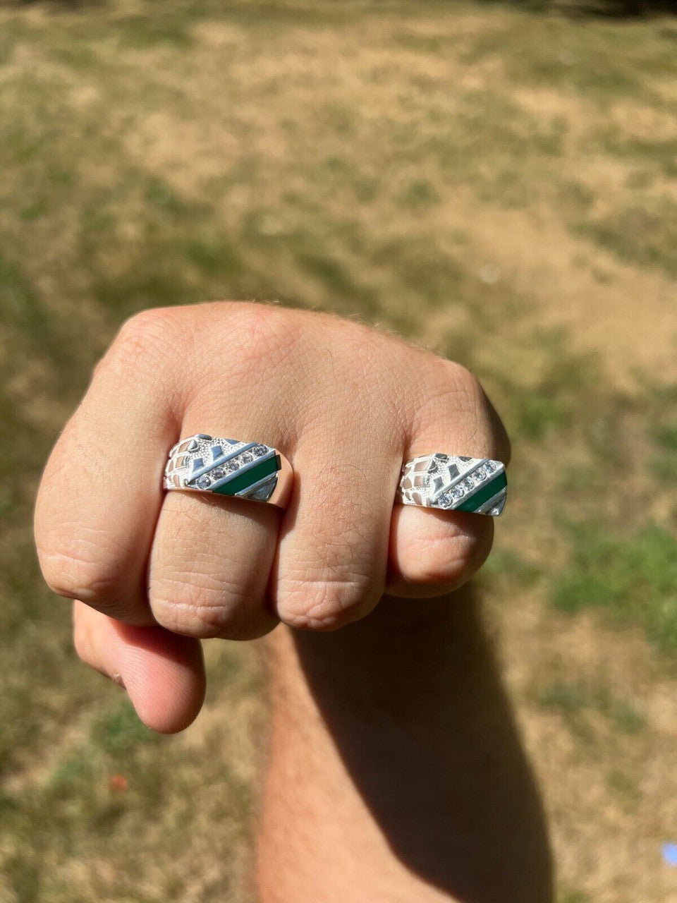 HarlemBling Mens Real Solid 925 Sterling Silver Nugget Green Emerald Iced CZ Ring Hip Hop