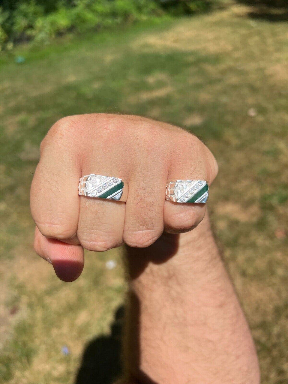 HarlemBling Mens Real Solid 925 Sterling Silver Nugget Green Emerald Iced CZ Ring Hip Hop