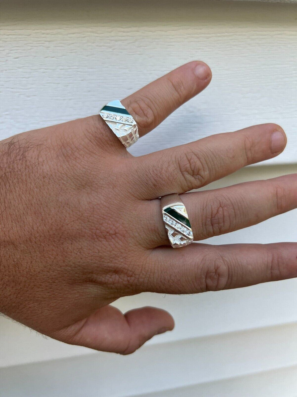 HarlemBling Mens Real Solid 925 Sterling Silver Nugget Green Emerald Iced CZ Ring Hip Hop