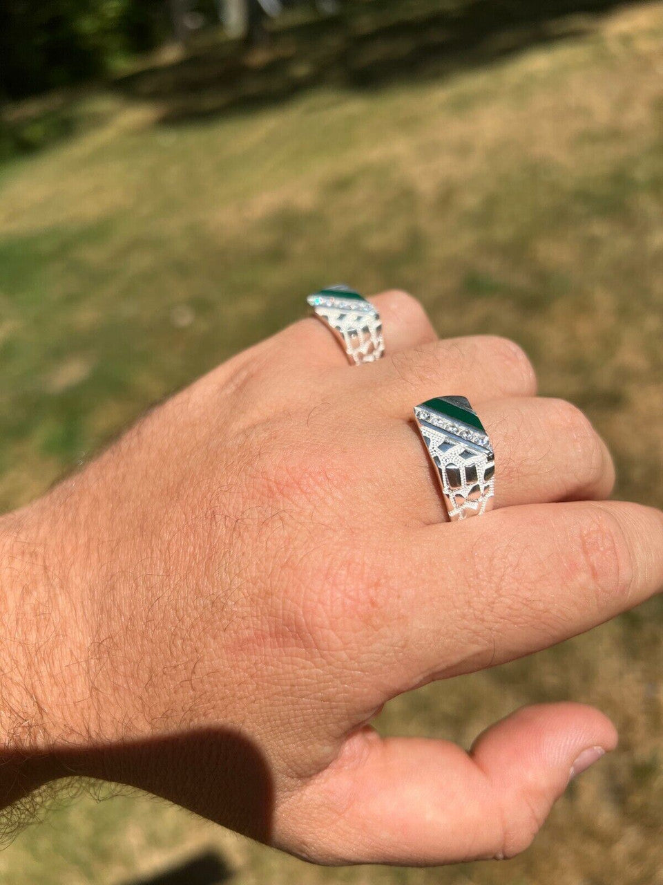 HarlemBling Mens Real Solid 925 Sterling Silver Nugget Green Emerald Iced CZ Ring Hip Hop