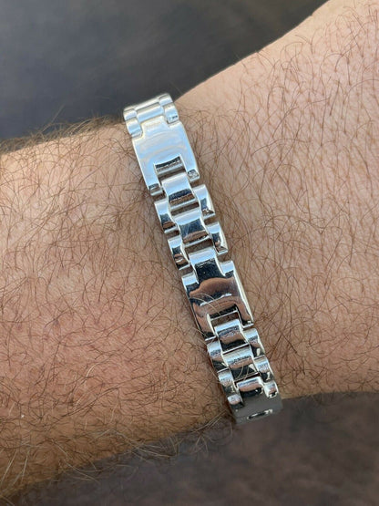 HarlemBling Mens Real Solid 925 Sterling Silver Plain Presidential Link Hip Hop Bracelet