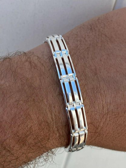 HarlemBling Mens Real Solid 925 Sterling Silver Presidential Custom Link Bracelet 10mm Wide