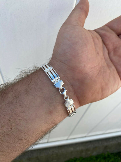 HarlemBling Mens Real Solid 925 Sterling Silver Presidential Custom Link Bracelet 10mm Wide