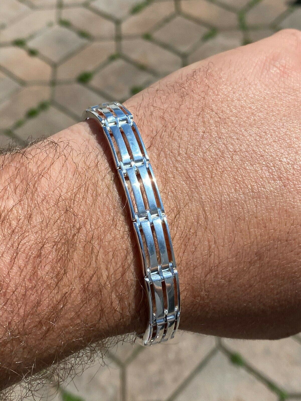 HarlemBling Mens Real Solid 925 Sterling Silver Presidential Custom Link Bracelet 10mm Wide