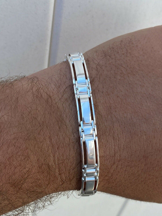 HarlemBling Mens Real Solid 925 Sterling Silver Presidential Custom Link Bracelet 9mm Wide