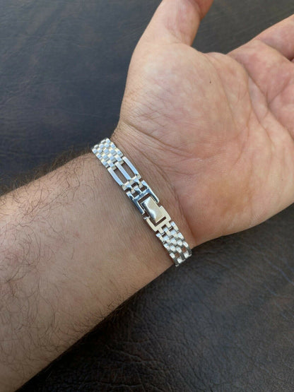 HarlemBling Mens Real Solid 925 Sterling Silver Presidential Panther Link Bracelet 10mm