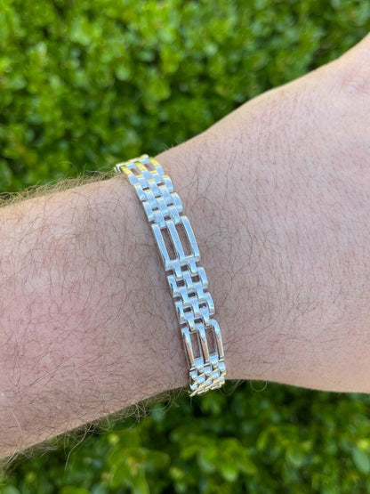 HarlemBling Mens Real Solid 925 Sterling Silver Presidential Panther Link Bracelet 10mm