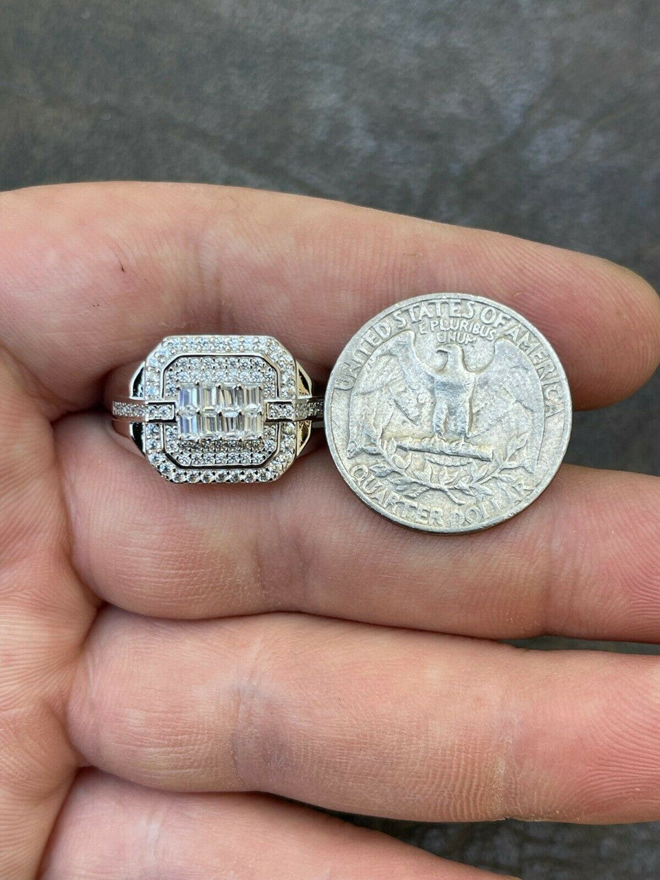 HarlemBling Mens Real Solid 925 Sterling Silver Ring Fully Iced Baguette Diamond Flooded Out