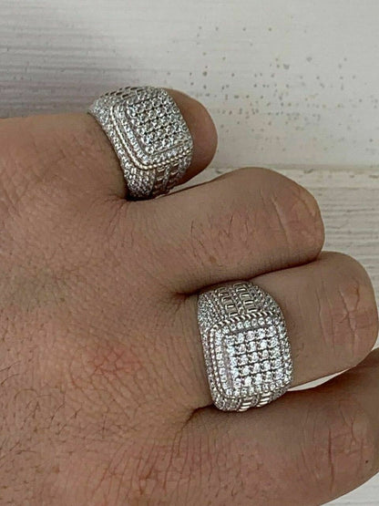 HarlemBling Mens Real Solid 925 Sterling Silver Ring Real Icy Square Cluster Hip Hop Pinky
