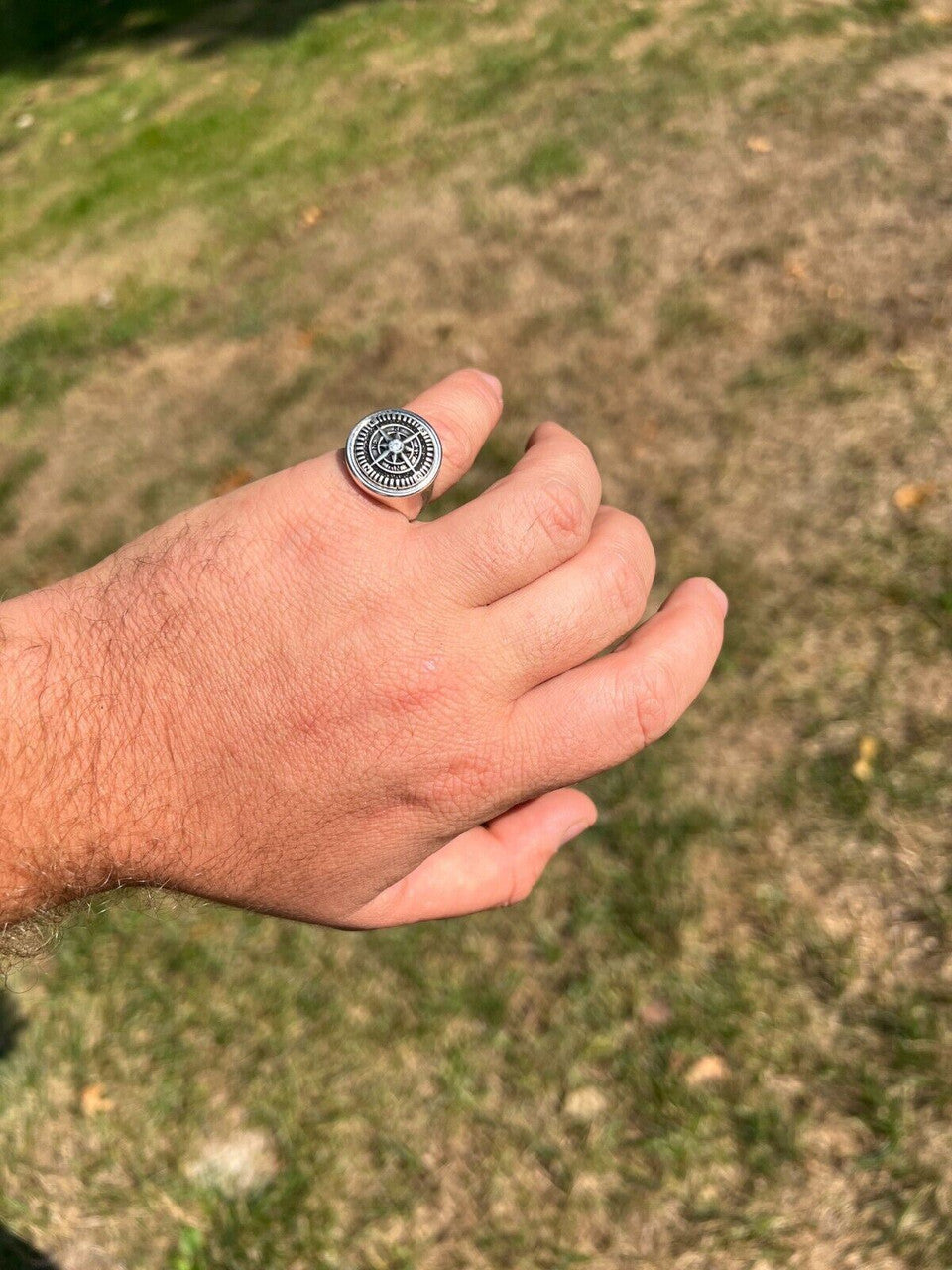 HarlemBling Mens Real Solid 925 Sterling Silver Sailor Navigational North Star Compass Ring