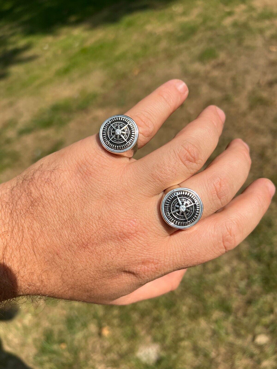 HarlemBling Mens Real Solid 925 Sterling Silver Sailor Navigational North Star Compass Ring