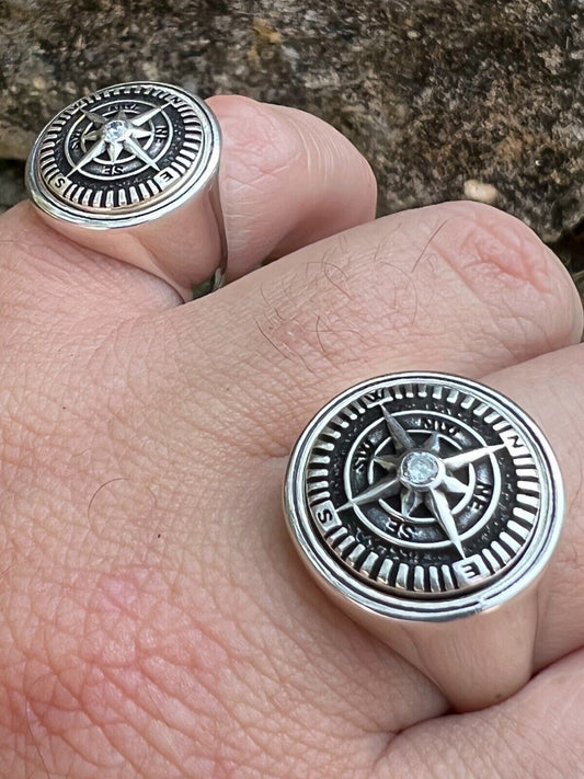 HarlemBling Mens Real Solid 925 Sterling Silver Sailor Navigational North Star Compass Ring