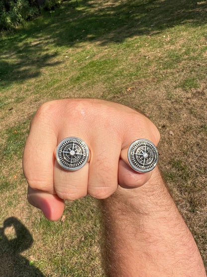 HarlemBling Mens Real Solid 925 Sterling Silver Sailor Navigational North Star Compass Ring