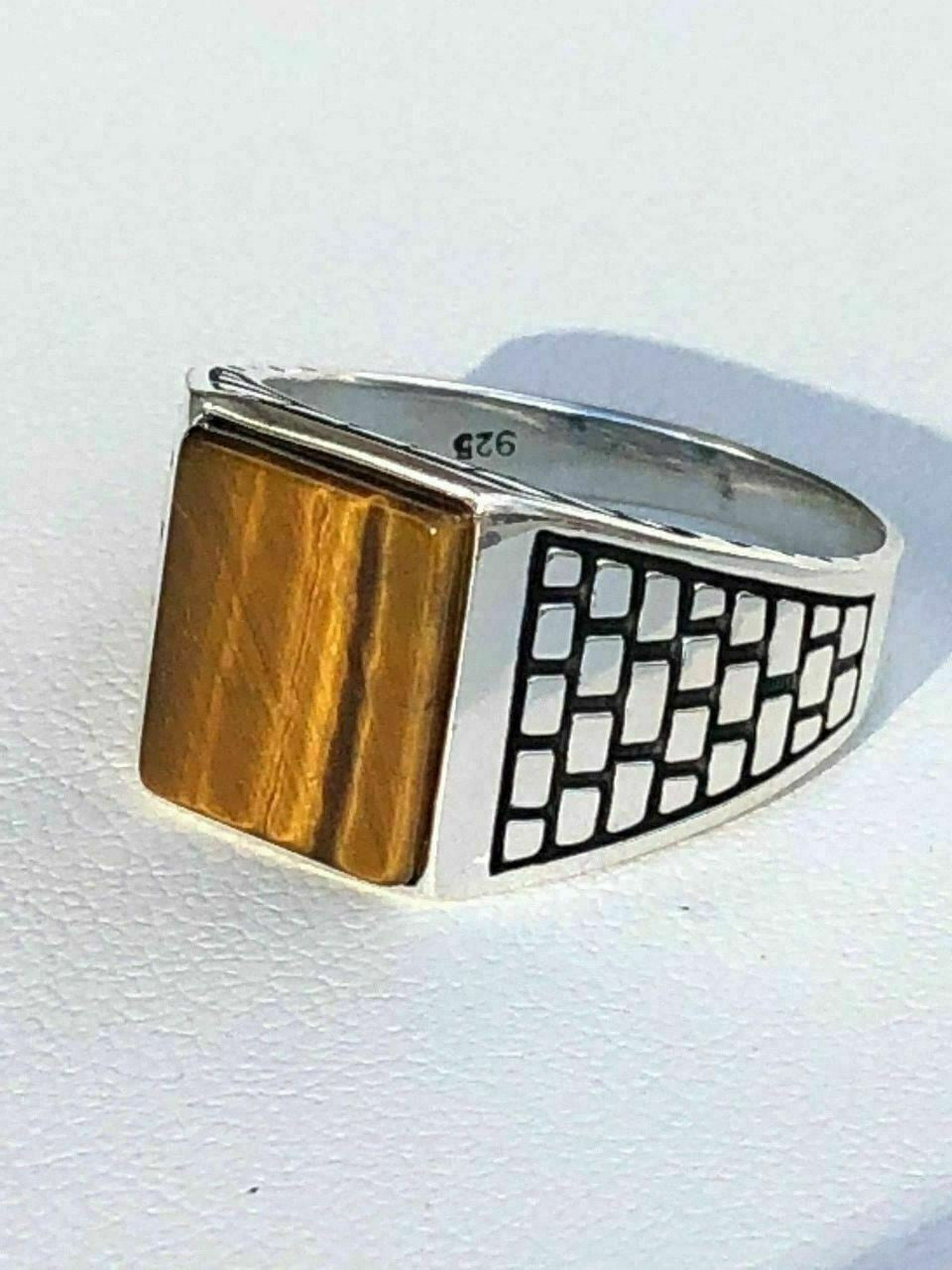 HarlemBling Mens Real Solid 925 Sterling Silver Tiger Eye Square Ring Size 7 8 9 10 11 12 13