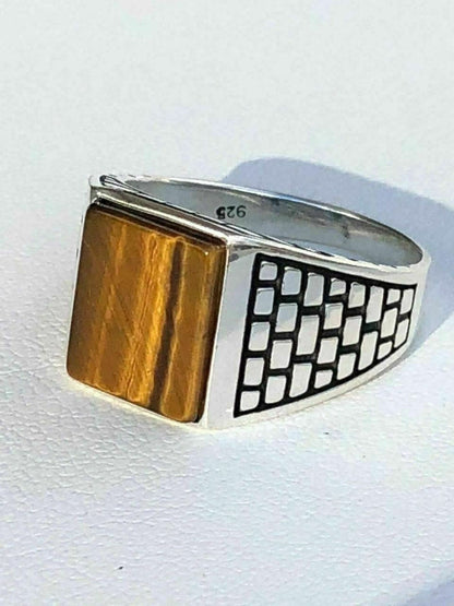 HarlemBling Mens Real Solid 925 Sterling Silver Tiger Eye Square Ring Size 7 8 9 10 11 12 13