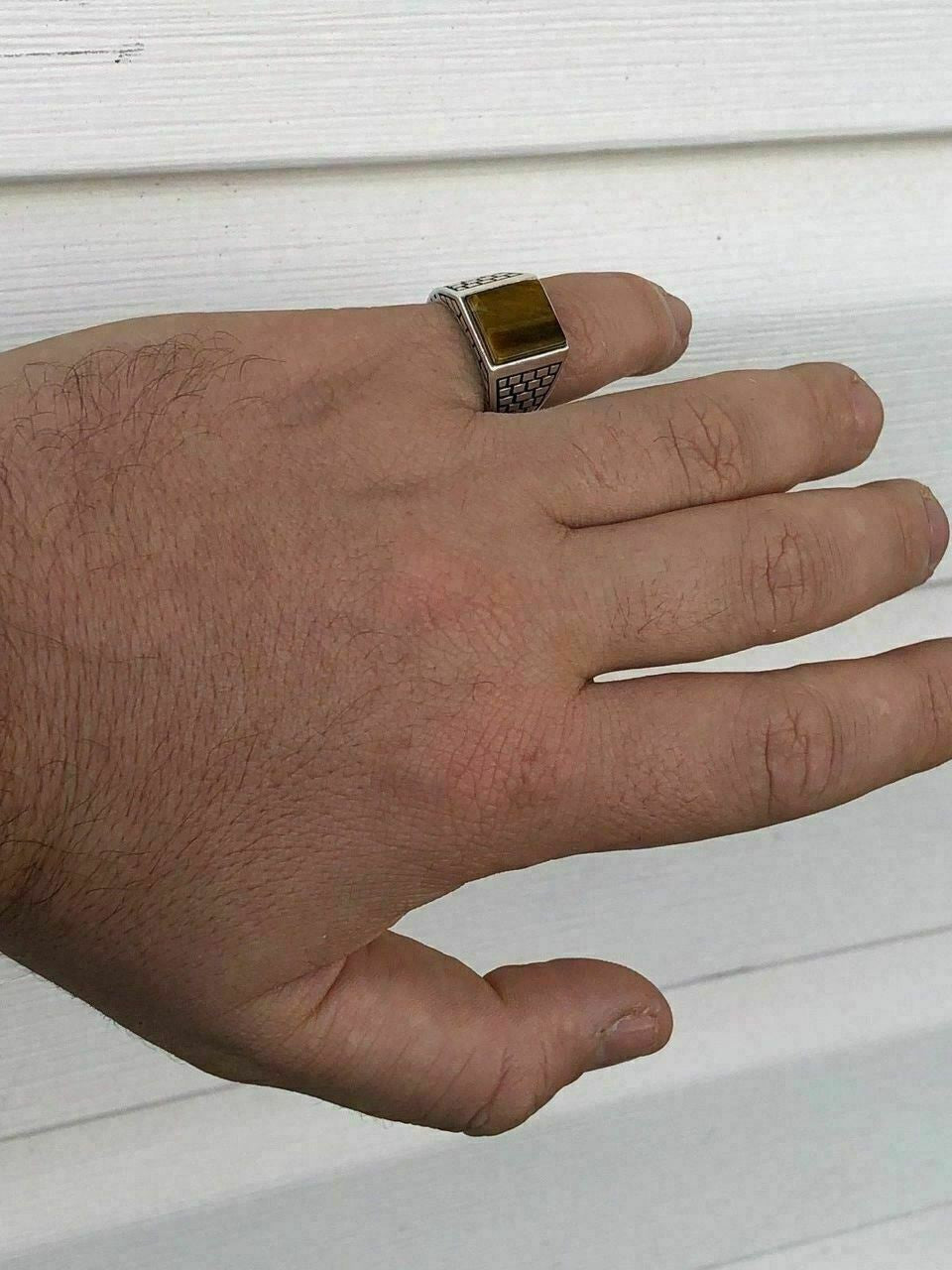 HarlemBling Mens Real Solid 925 Sterling Silver Tiger Eye Square Ring Size 7 8 9 10 11 12 13