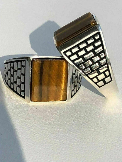 HarlemBling Mens Real Solid 925 Sterling Silver Tiger Eye Square Ring Size 7 8 9 10 11 12 13