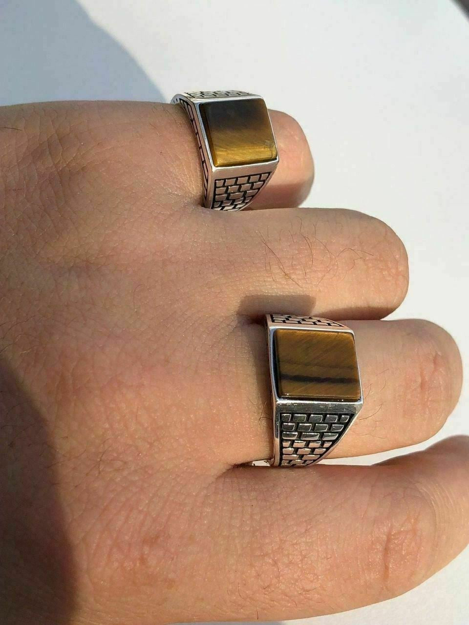 HarlemBling Mens Real Solid 925 Sterling Silver Tiger Eye Square Ring Size 7 8 9 10 11 12 13